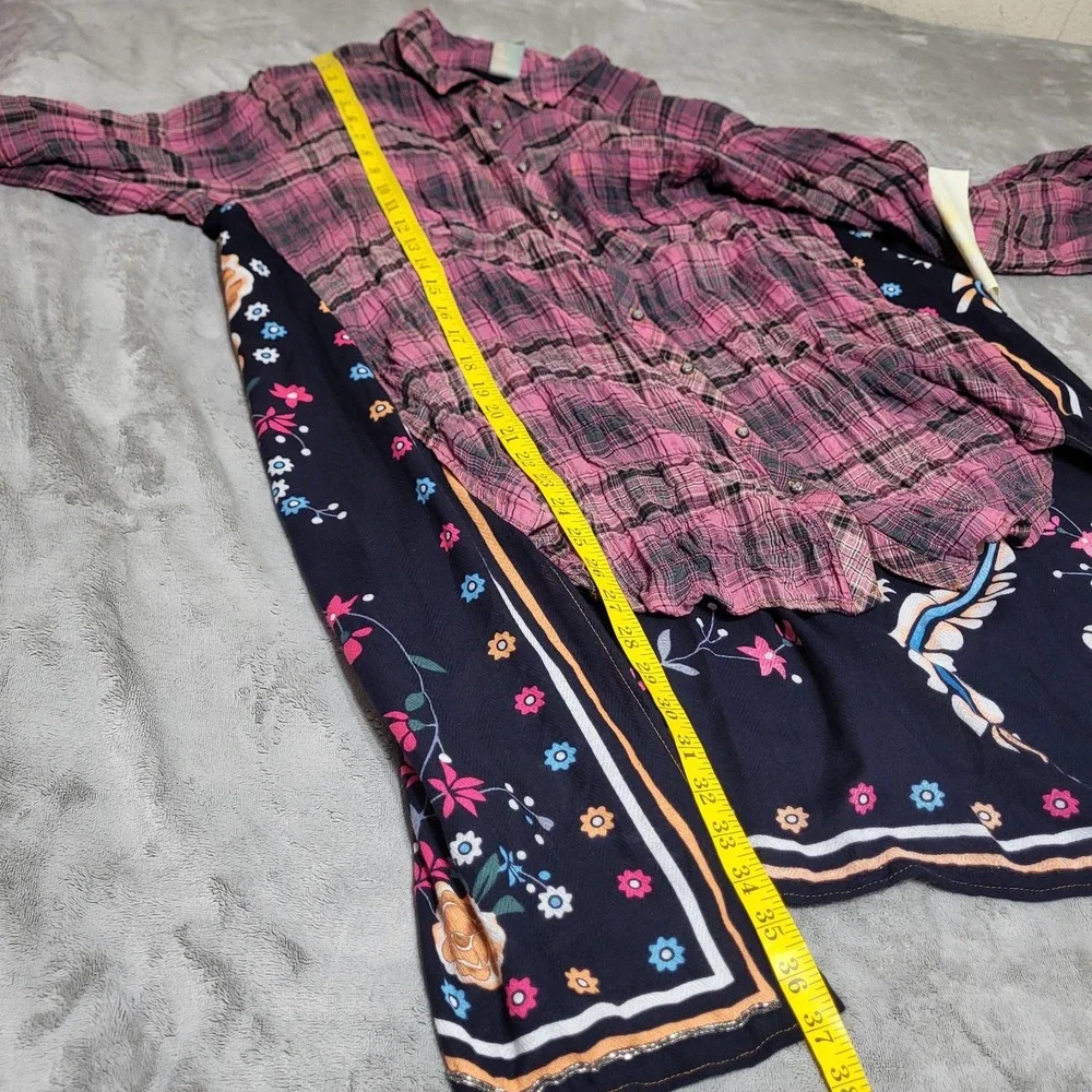 Aratta Shirt Womens Large Pink Plaid Bird Floral Boho Tunic Bell Sleeve Top - Picture 13 of 14